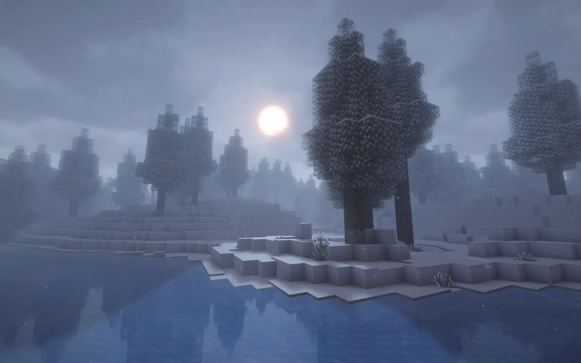 Snowy landscapes with soft fog, gentle snowfall, and quiet atmosphere.