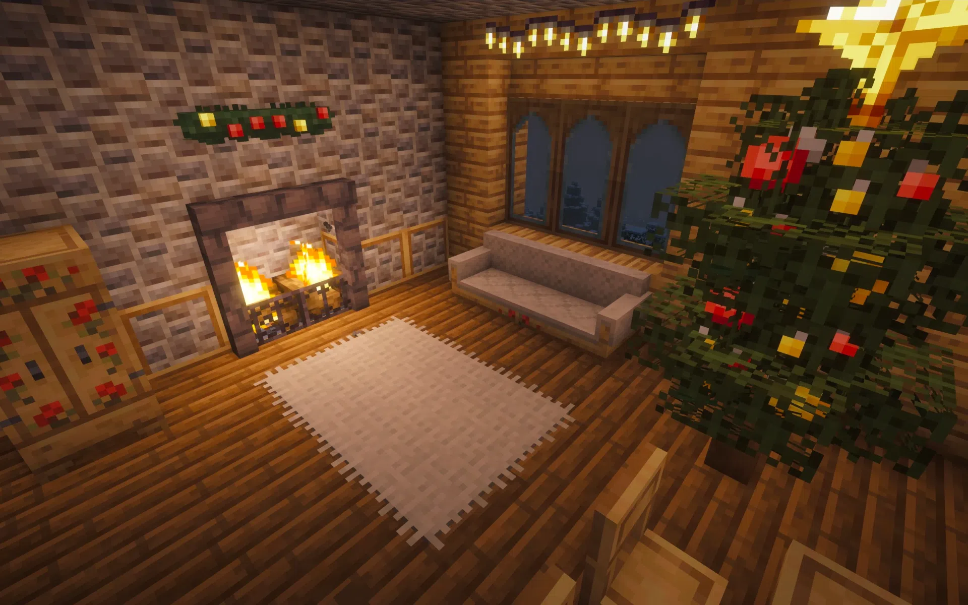 Cozy living spaces centered around a fireplace and winterly decor.
